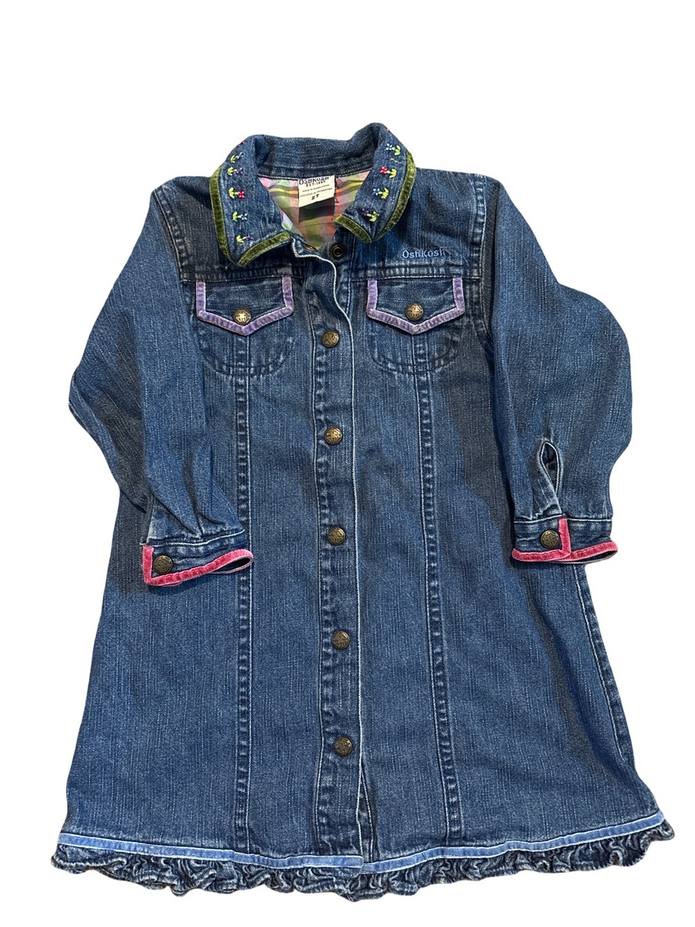 Vintage OshKosh B'gosh Denim Jumper Dress Plaid Lined Floral Embroidery 2T